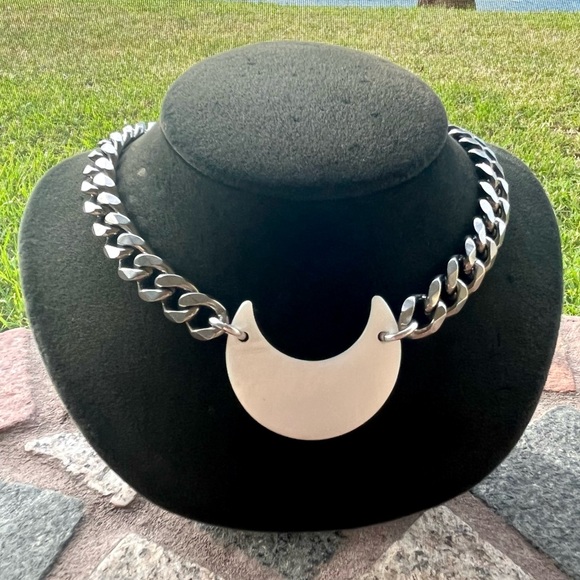 Mother of pearl moon stainless steel cuban link thick choker necklace boho - Picture 4 of 16